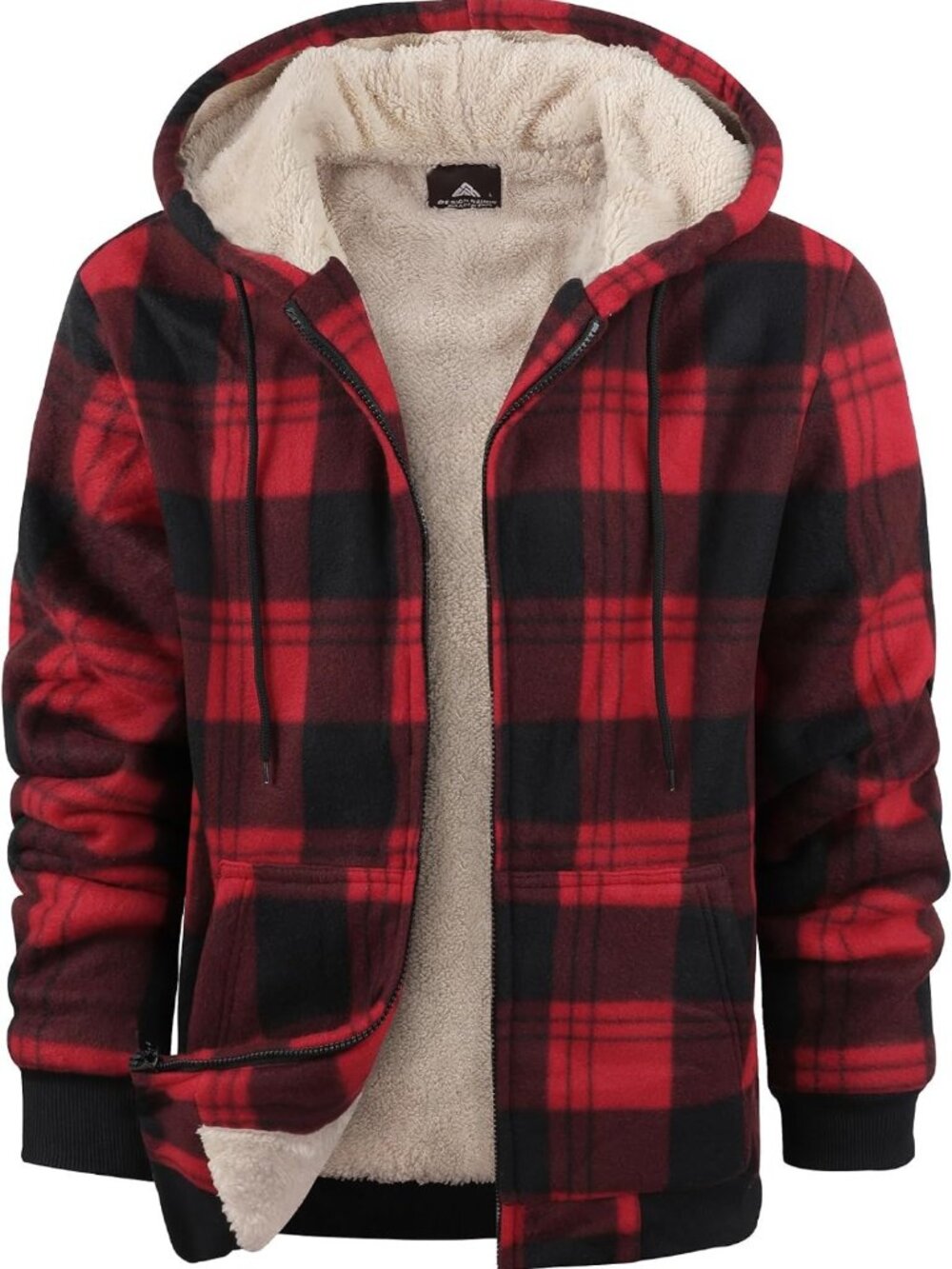 Cozy Men's Plaid Fleece Zip-Up Hoodie Jacket | Warm Sherpa Lined Flannel Coat